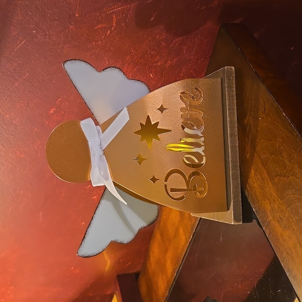 Young's Inc.Tin Tabletop Christmas Angel "Believe" Laser Cut Design Candleholder